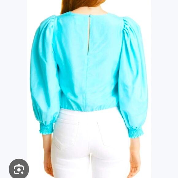 Alice + Olivia Shondra cotton silk blend blouse in aqua sz xs - Picture 2 of 10